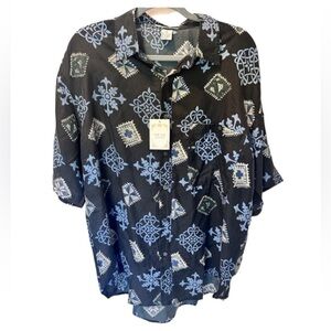 Bloom 100% Silk Men’s Button-Down Shirt, Blue & Black Pattern, Size L NWT